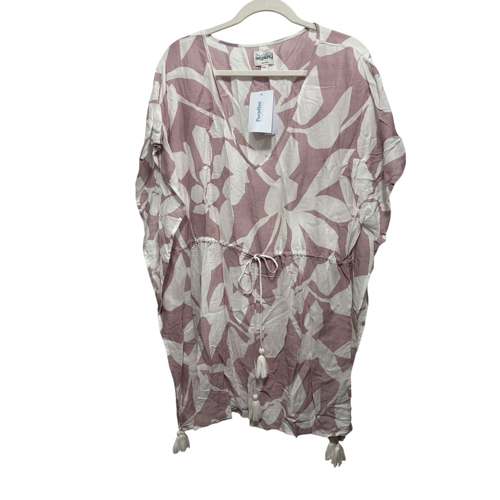 Poolside Paradiso Swim Coverup Women ML Pink White Floral Beach Dress Tassel NWT